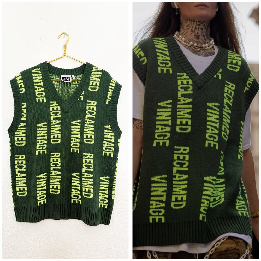 Reclaimed Vintage Green Logo Knit Sweater Vest Size Medium Streetwear